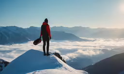a man is standing on top of a mountain with a board