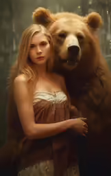 the woman is posing with a bear by herself