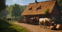a white horse standing outside of a small house,a farm has a house and cows grazing on the farm road