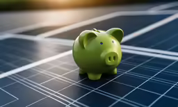 a green pig sits on a blue tiled surface