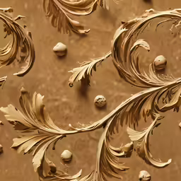 a gold colored background with gold feathers and marble balls