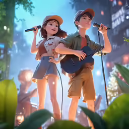 a man and woman are singing into a microphone