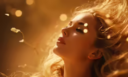 a woman with a flower and a feather is holding on to her hair