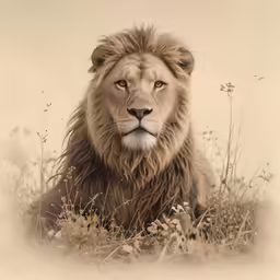a large lion lying down in some grass