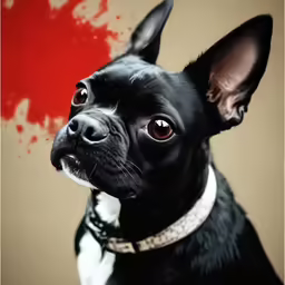 a black and white chihuahua wearing a collar looking up with blood on the wall behind it