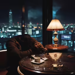 person sits on stool and drinks from cup