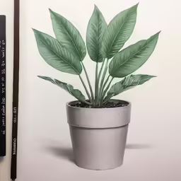 painting of a potted plant sitting in front of a ruler