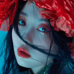 a beautiful woman with long hair and red flower in her hair,a woman in blue top wearing pink and red with long hair
