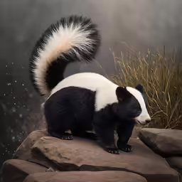 an animal stands on some rocks with some grass