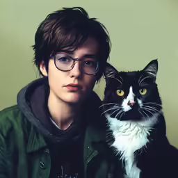 young man holding up cat with green background