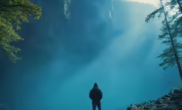 a person standing on top of a mountain looking out at the trees
