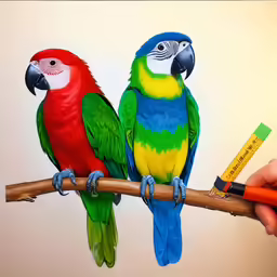 a hand holding a pencil and drawing a multicolored bird with another drawing below it