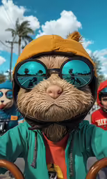 an image of a man on a bike with a dog dressed like himself wearing a hoodie and sun glasses