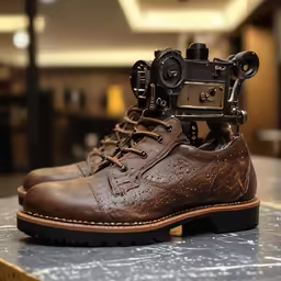 an old camera attached to a brown boot