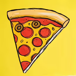 a pizza slice with many toppings on a yellow background