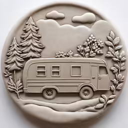 the rv is on the surface surrounded by forest