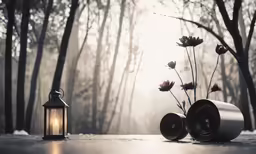 a lantern, a light, and a vase with flowers