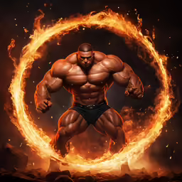 a man in his underwear standing in front of a circle of fire