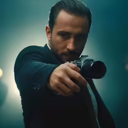 a man in black jacket holding a camera in front of his face