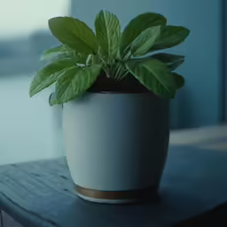 a small green plant in a pot on a wooden table