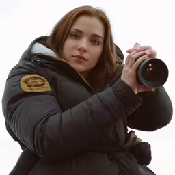 a woman in a black jacket with a camera