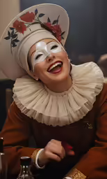 a woman with a mask and red dress has a red rose in her hair