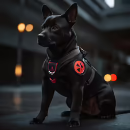 small black dog sitting on the ground in a vest