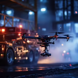 a small, professional - style camera flying next to a truck