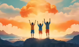 the boy is standing with his arms in the air above the other boys