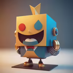 a little robot is standing on a stand