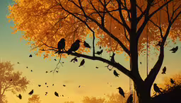 two birds perch on branches and look up at the sky,two birds are sitting on a branch in front of an autumn tree