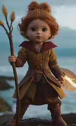 an orange haired girl standing on the rocks next to a lake