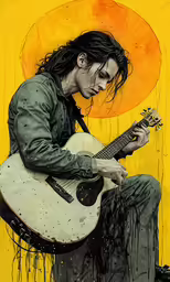 a painting of a person sitting and holding a guitar