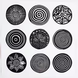 an assortment of hand drawn and ink - painted circles,six circles with designs made in black and white