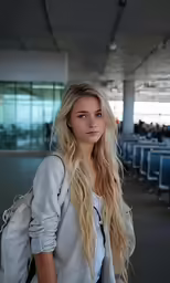 a woman standing outside an airport waiting to take off