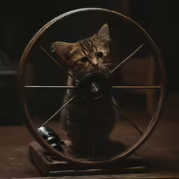 a cat looking up from behind a spinning wheel