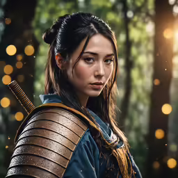 a close up of a woman dressed in armor