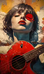 a painting that has a red guitar in its hands