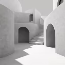 a building with three archways, with steps leading into it