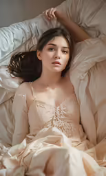 a girl laying in bed on top of pillows