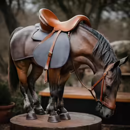 a horse wearing a saddle eating out of a table