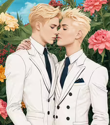two men wearing white jackets in front of flowers,two male in white suits standing in front of pink and yellow flowers