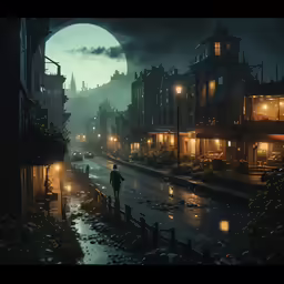 a guy on the street at night holding an umbrella