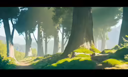 a landscape with several trees, rocks, and grass