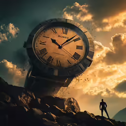 a man stands on top of rocks under a huge clock