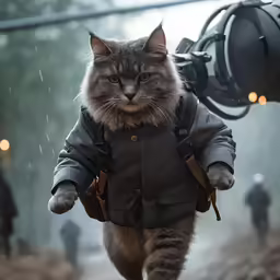 a gray cat in a gray coat walking with a black suitcase