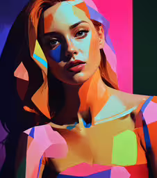 a woman in a multi colored dress with a colorful pattern,an art work shows the face and chest of a woman
