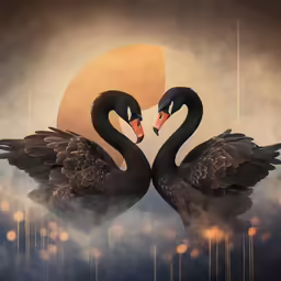 two black swans have their heads together in a artistic art nouveau painting