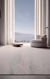 an open room has a white chair and two windows