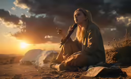 a young woman sitting on the ground holding an umbrella in the air